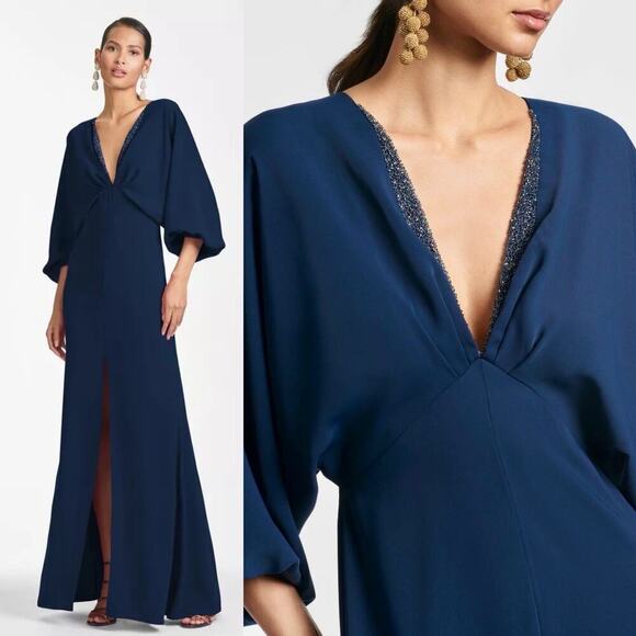 Sachin + Babi Beaded Deep V-Neck Maxi Slit Gown Navy Blue Size US 8 Formal Wear - Picture 1 of 10